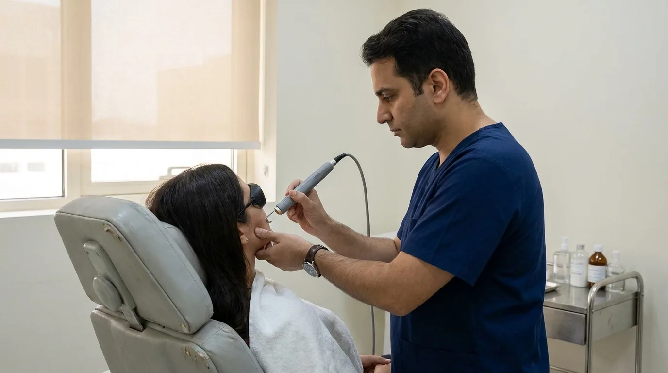 acne treatment dubai inline 2 laser acne treatment session in a dubai skin clinic with a handpiece applied to a client's cheek and protective eyewear in place
