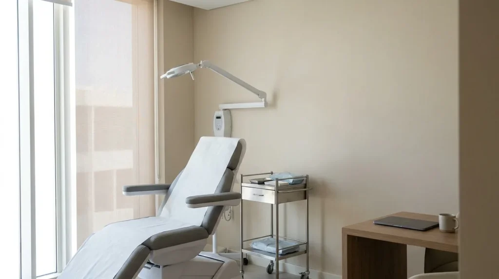 aesthetic clinic Dubai: consultation room in a licensed clinic with a treatment chair, instrument trolley and examination light