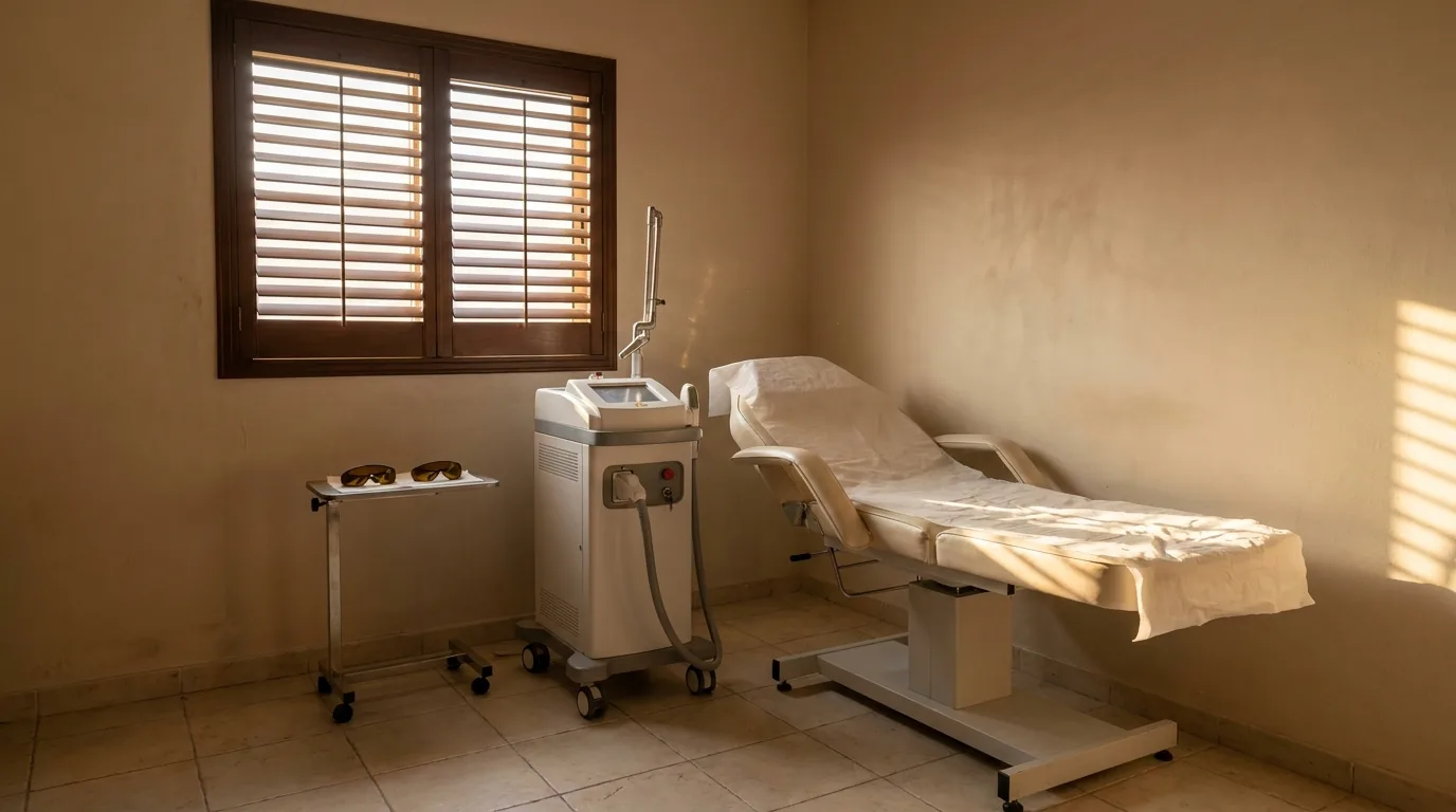 laser treatment room in a Jumeirah villa aesthetic clinic with a laser platform, protective eyewear and a reclined treatment bed