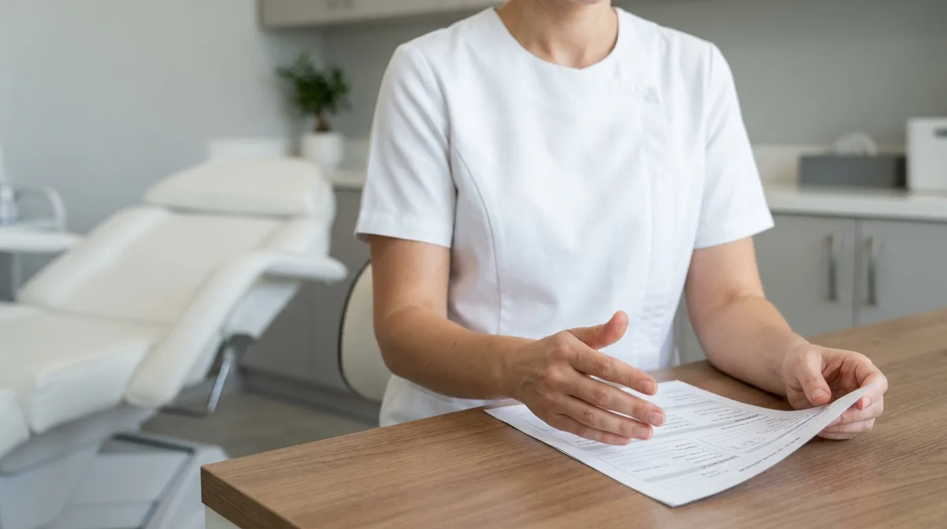 medical spa Dubai consultation with a licensed practitioner reviewing a printed skin assessment form beside a treatment chair