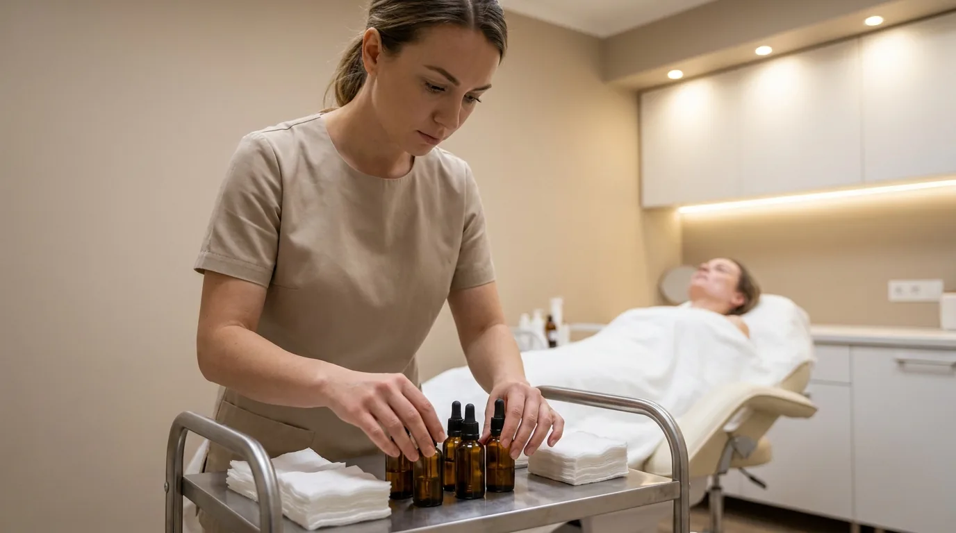 anti aging facial dubai inline 1 anti aging facial dubai treatment room with esthetician preparing serums beside a reclined client