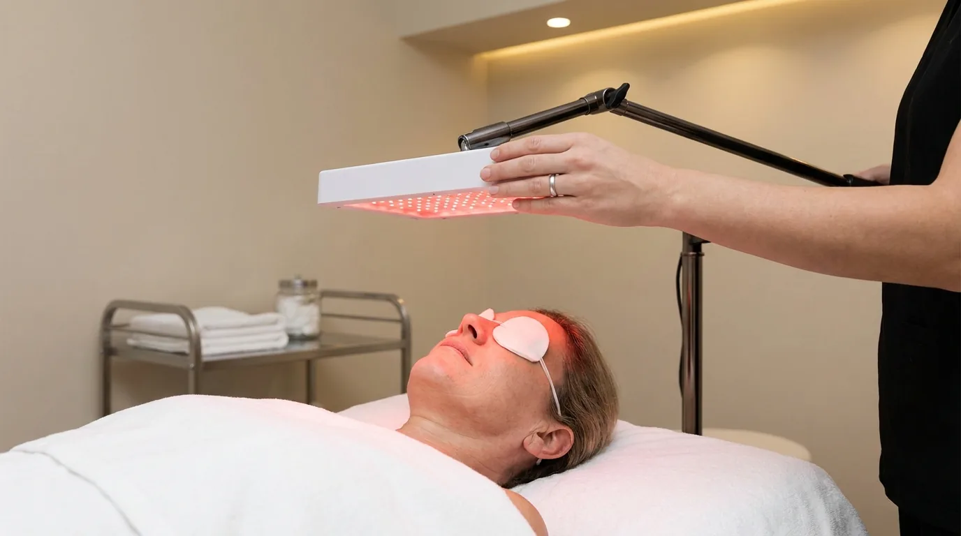 anti aging facial dubai inline 2 collagen facial in progress with LED light therapy panel positioned over a client during an anti aging facial session