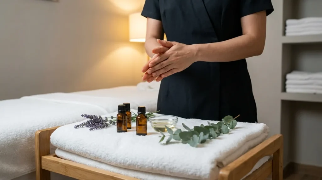 aromatherapy massage price in Dubai: therapist warming essential oil between bare hands beside a massage table set with amber oil bottles lavender and eucalyptus