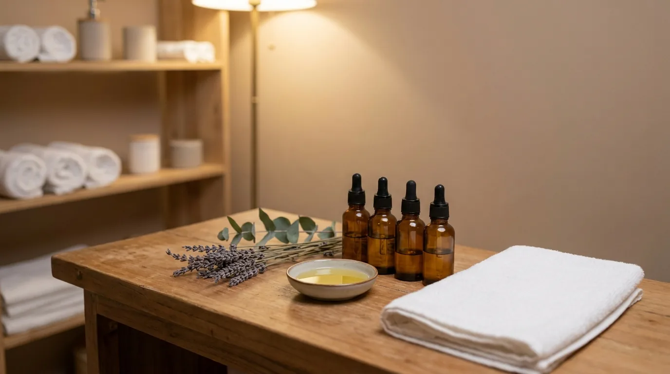 aromatherapy massage price inline 1 amber dropper bottles of aromatherapy massage oil with a dish of carrier oil lavender and eucalyptus on a wooden spa table