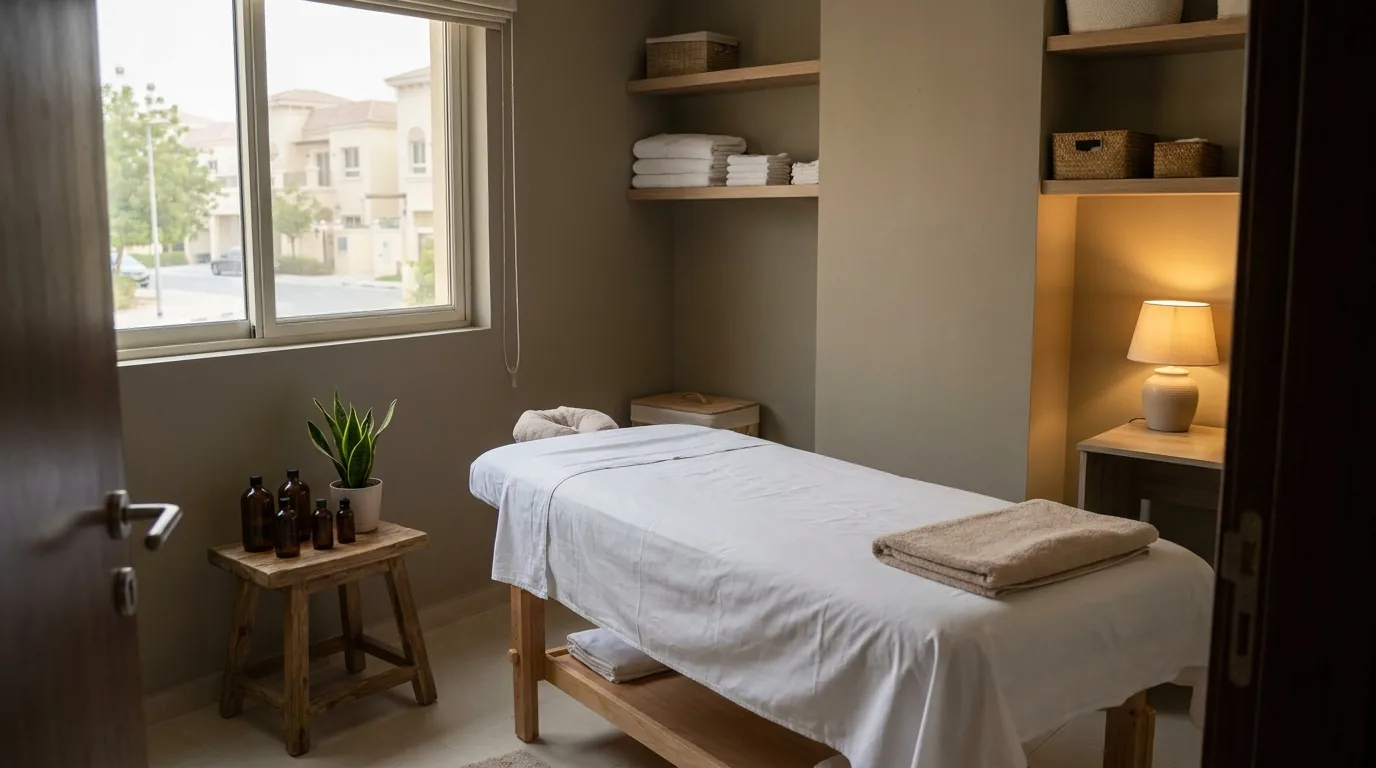 aromatherapy massage price inline 2 tidy mid range treatment room at a Dubai neighbourhood spa with massage table folded towels and amber oil bottles