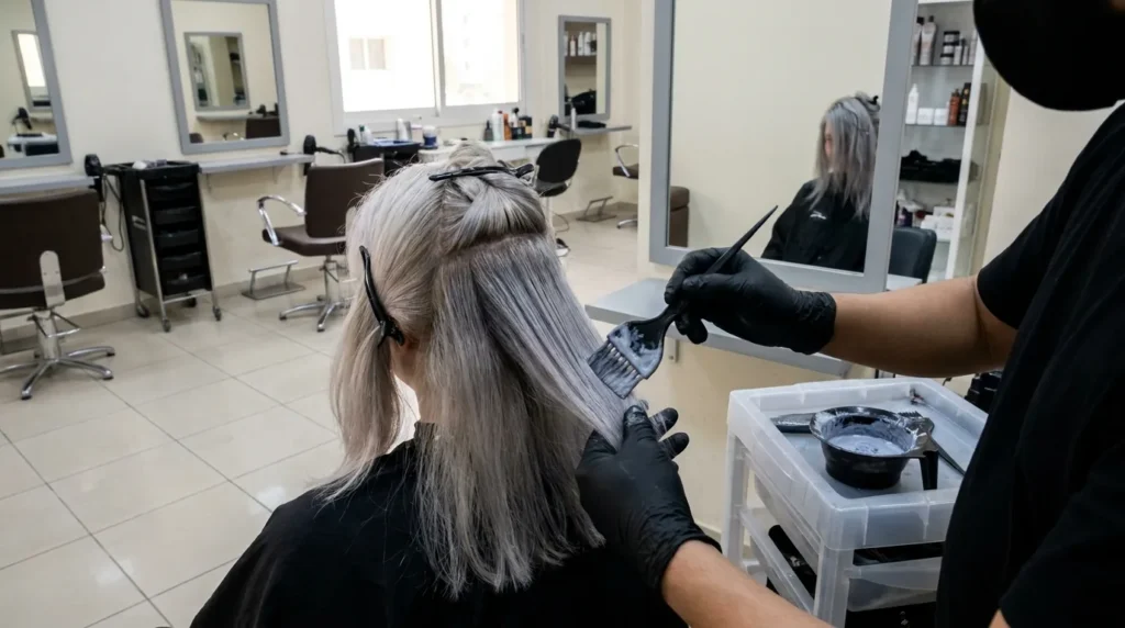 ash grey hair: colourist applying cool grey toner to a client's lightened hair at a mid-range Dubai salon colour station