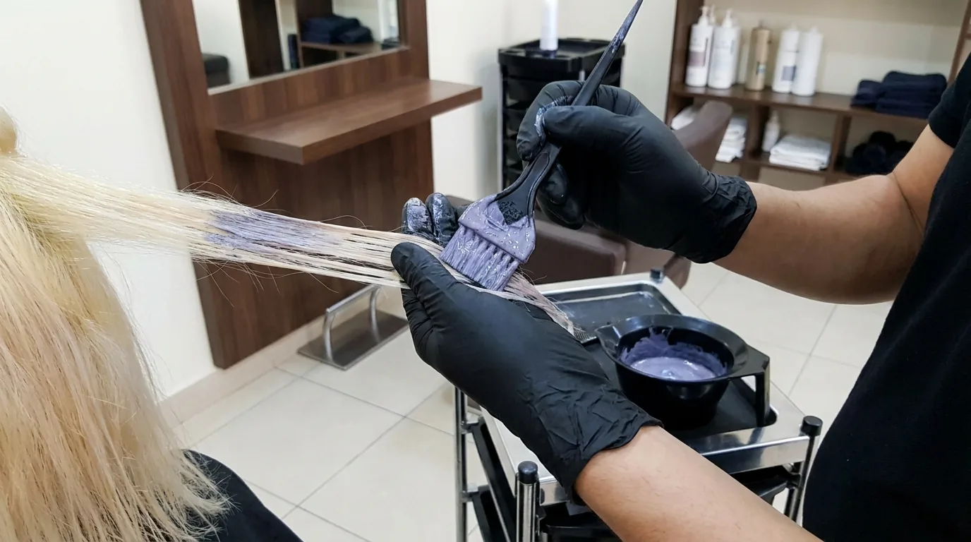 ash grey hair toning in progress, a gloved colourist works violet toner through a bleached section at a Dubai salon