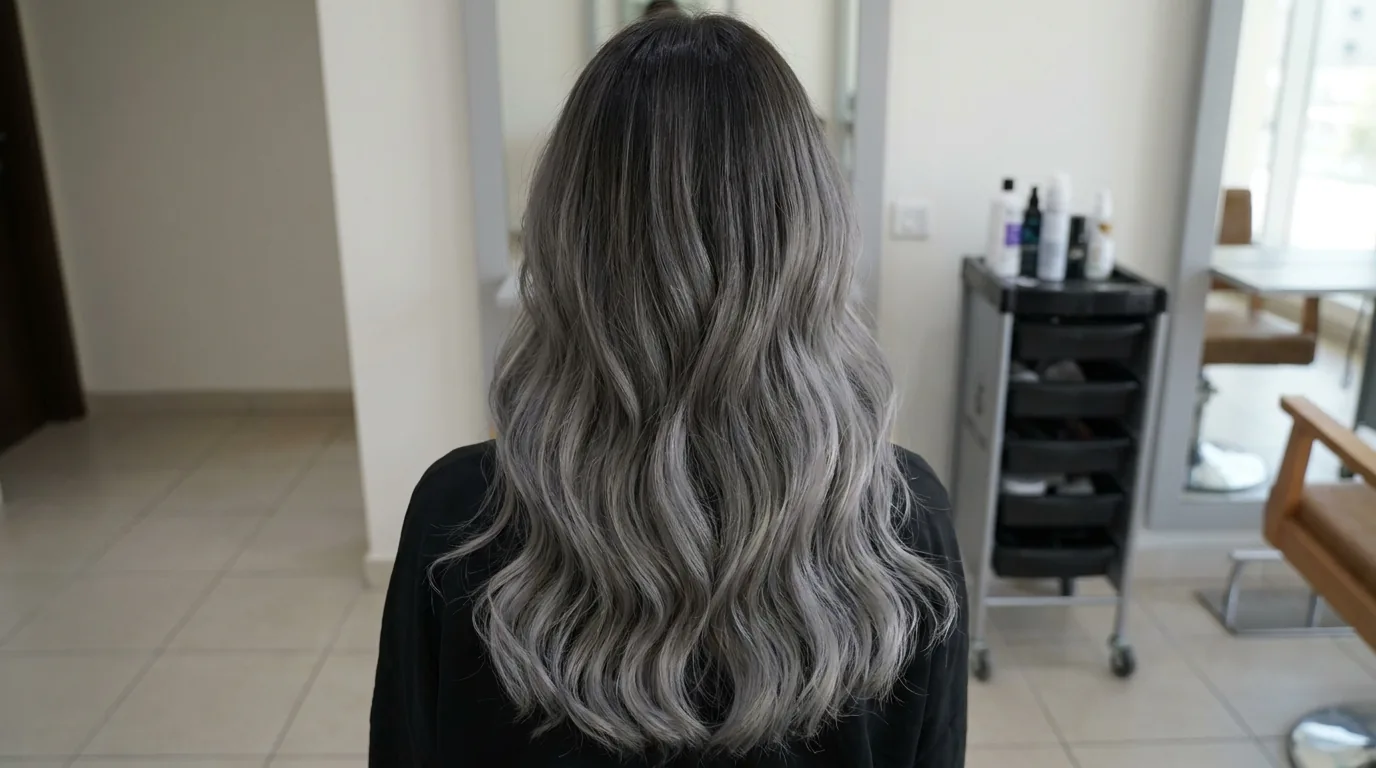 finished ash grey balayage with a soft colour melt from dark roots into smoky grey mid-lengths