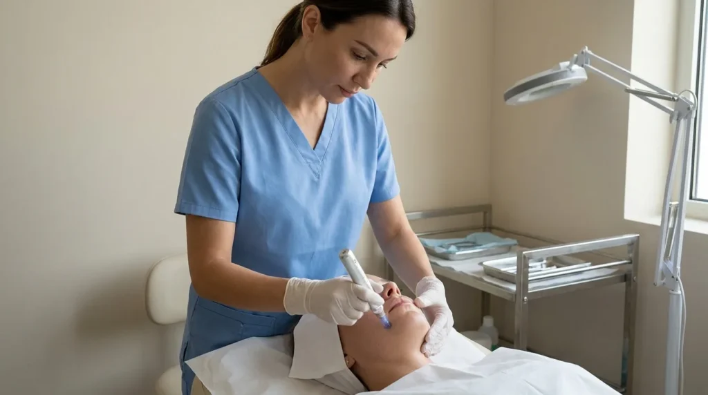 bb glow treatment: aesthetic practitioner guiding a nano needling pen along a client cheek in a Dubai skin clinic treatment room
