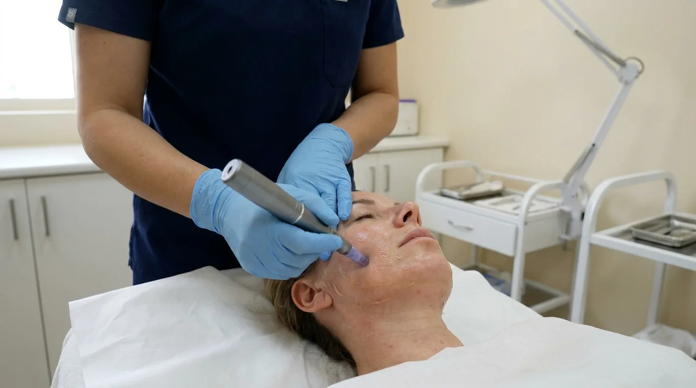 bb glow treatment session in a Dubai skin clinic: practitioner guiding a nano needling pen across a client's cheek under a clinical lamp