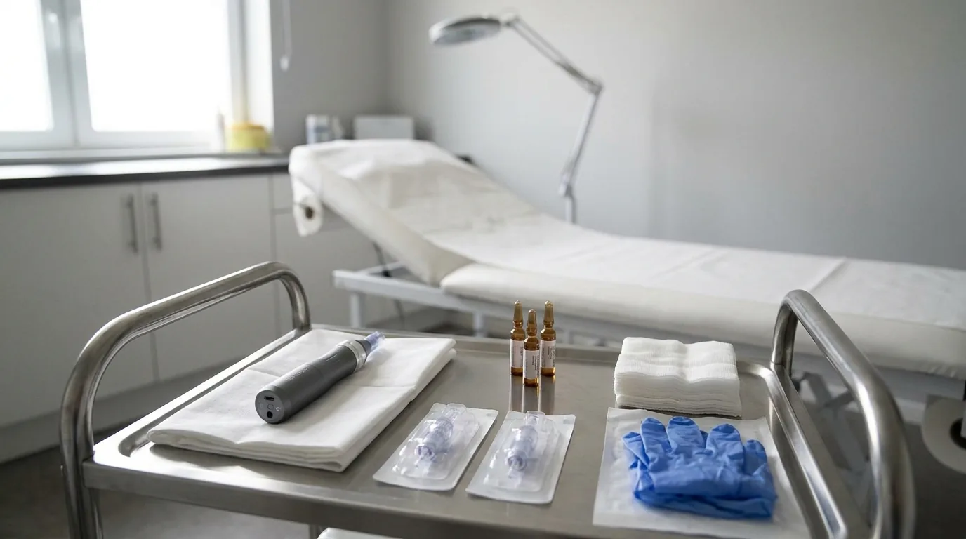 sterile prep tray in a dubai skin clinic with a nano needling pen, sealed needle cartridges and unlabelled serum ampoules on a stainless trolley