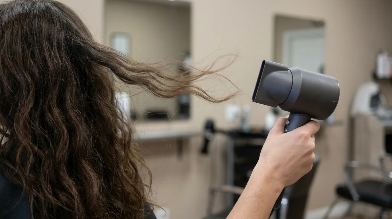 hair dryer held at arm's length from a section of long hair with the strands lifting in the airflow