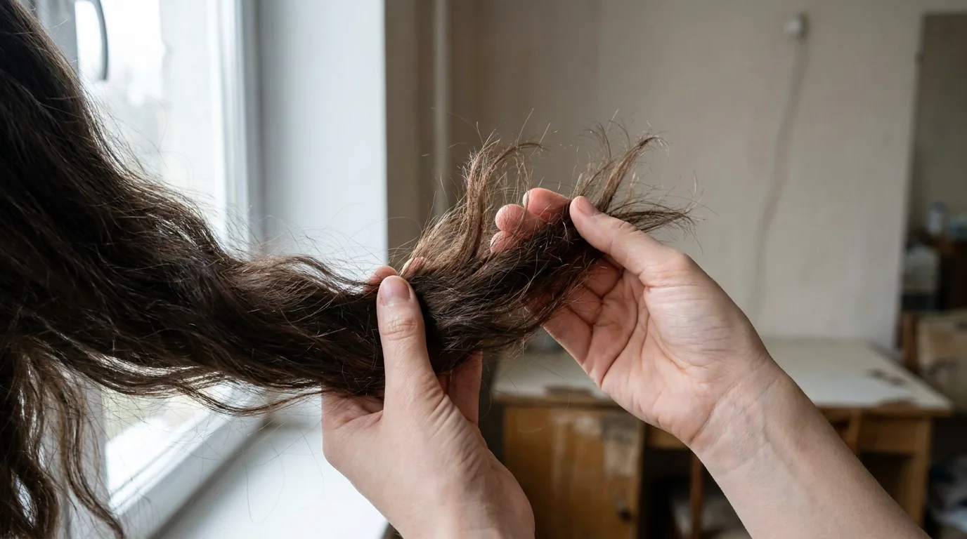 hands holding dry split ends up to window light to check for heat damage