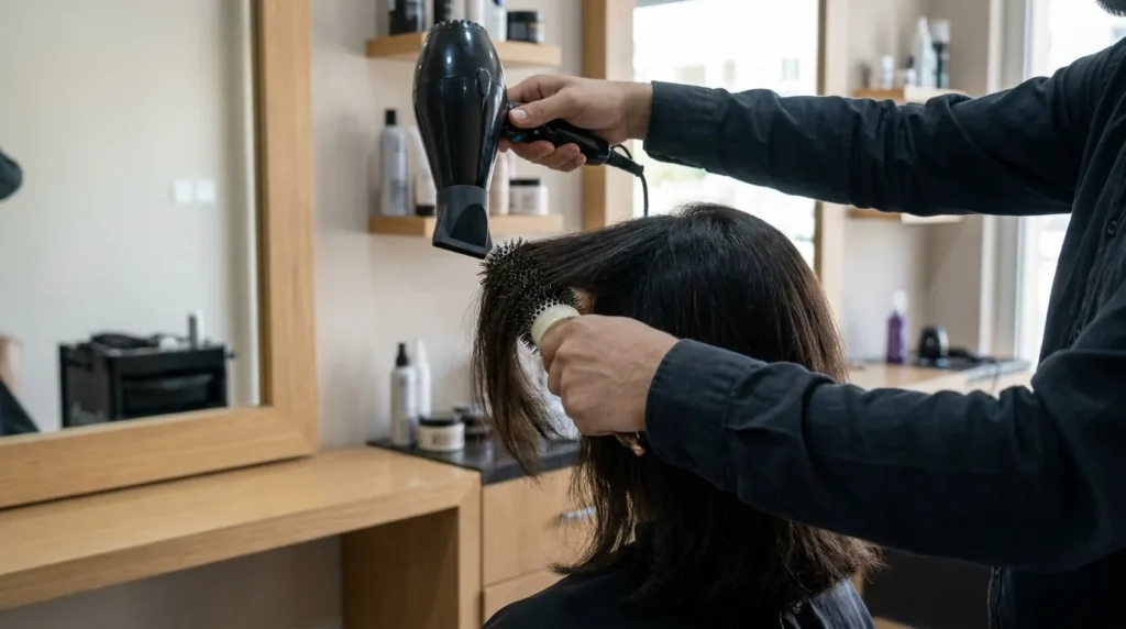can i blow dry dry hair: stylist holding the dryer a hand span above a round brush section at a Dubai salon