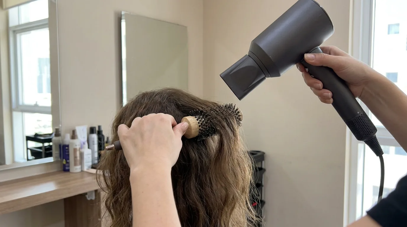 can i blow dry dry hair inline 1 round brush lifting a dry section while the dryer nozzle stays a hand span away