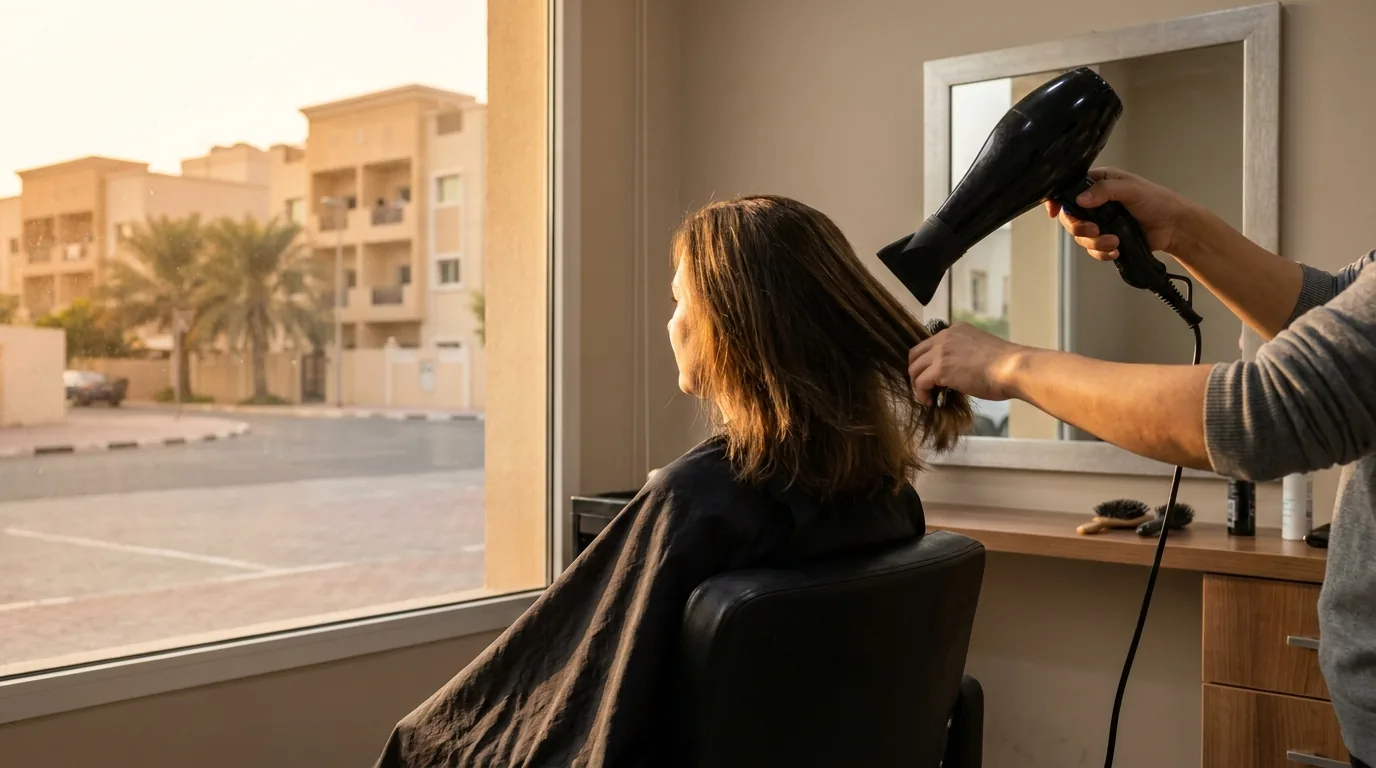 can i blow dry dry hair inline 2 second day restyle at a Dubai salon window with late afternoon light on the street outside