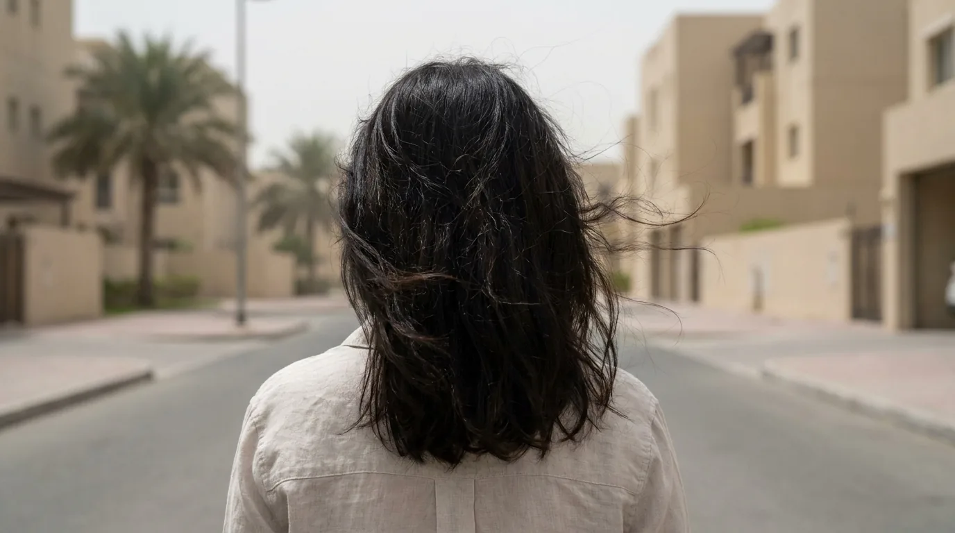humidity collapsing a fresh blowout in dubai as a client steps outside a salon into damp coastal air