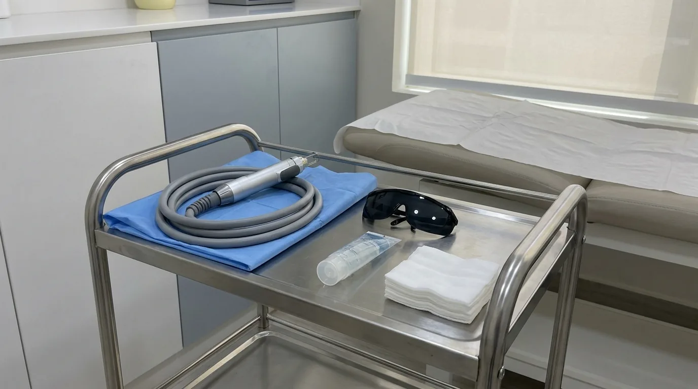 can you remove microblading inline 1 laser tattoo removal handpiece, protective eye shields and cooling gel on a clinic trolley in Dubai
