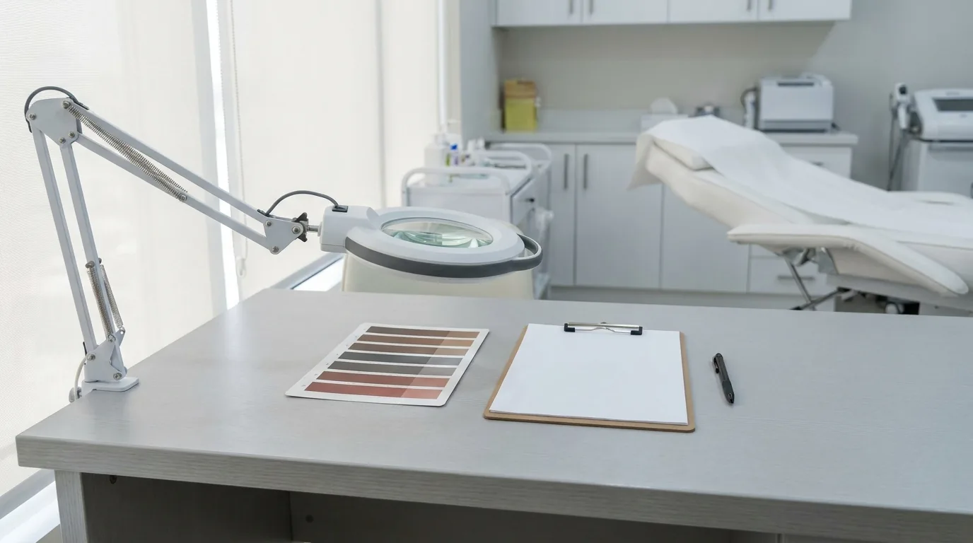 can you remove microblading inline 2 eyebrow pigment colour chart and magnifying lamp on a Dubai clinic consultation desk