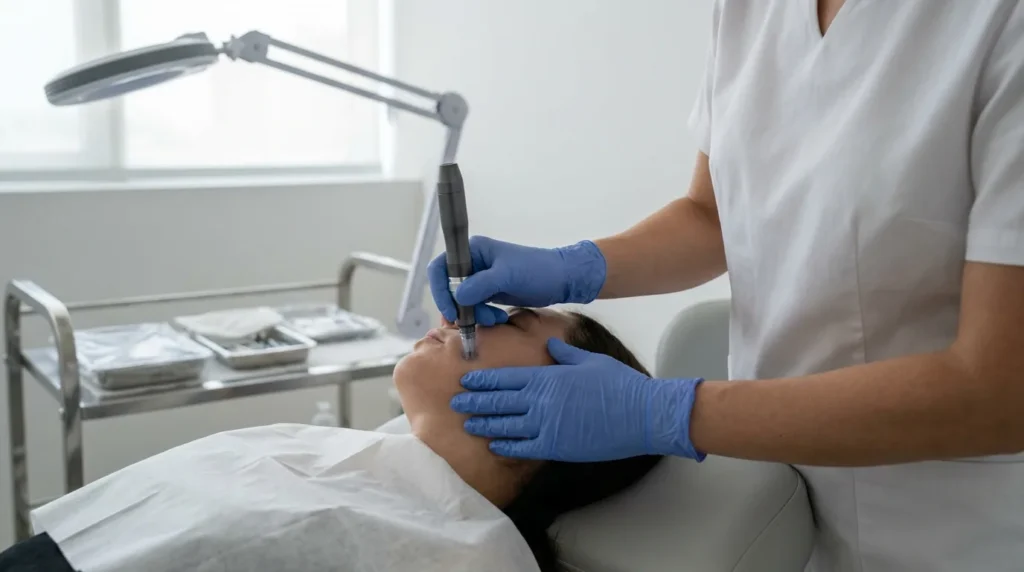 Dermapen facial in Dubai: gloved practitioner guides a microneedling pen across a clients cheek in a plain clinic treatment room