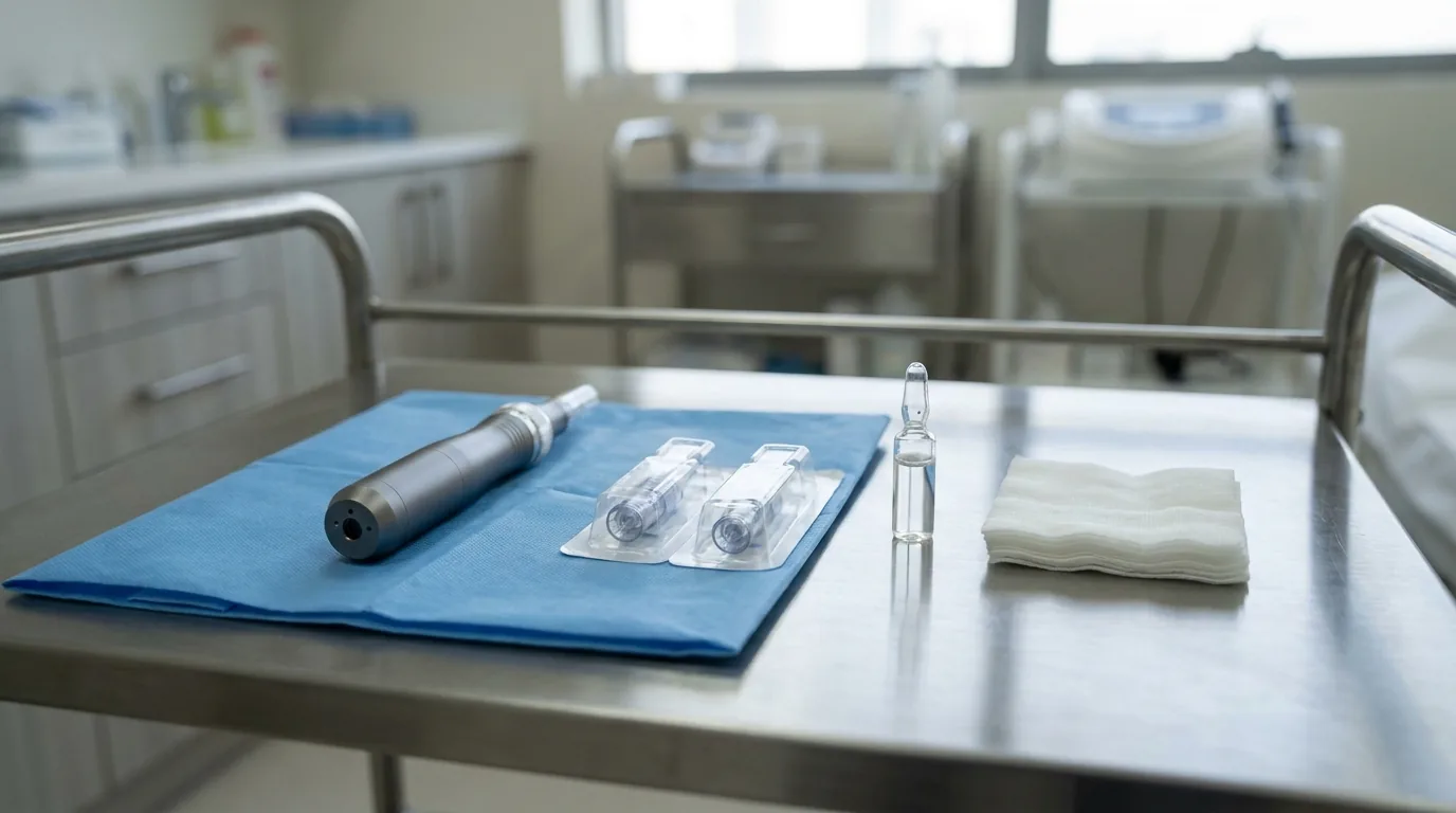 dermapen session tray with an unbranded microneedling pen, two sealed disposable needle cartridges and a serum ampoule on a stainless clinic trolley