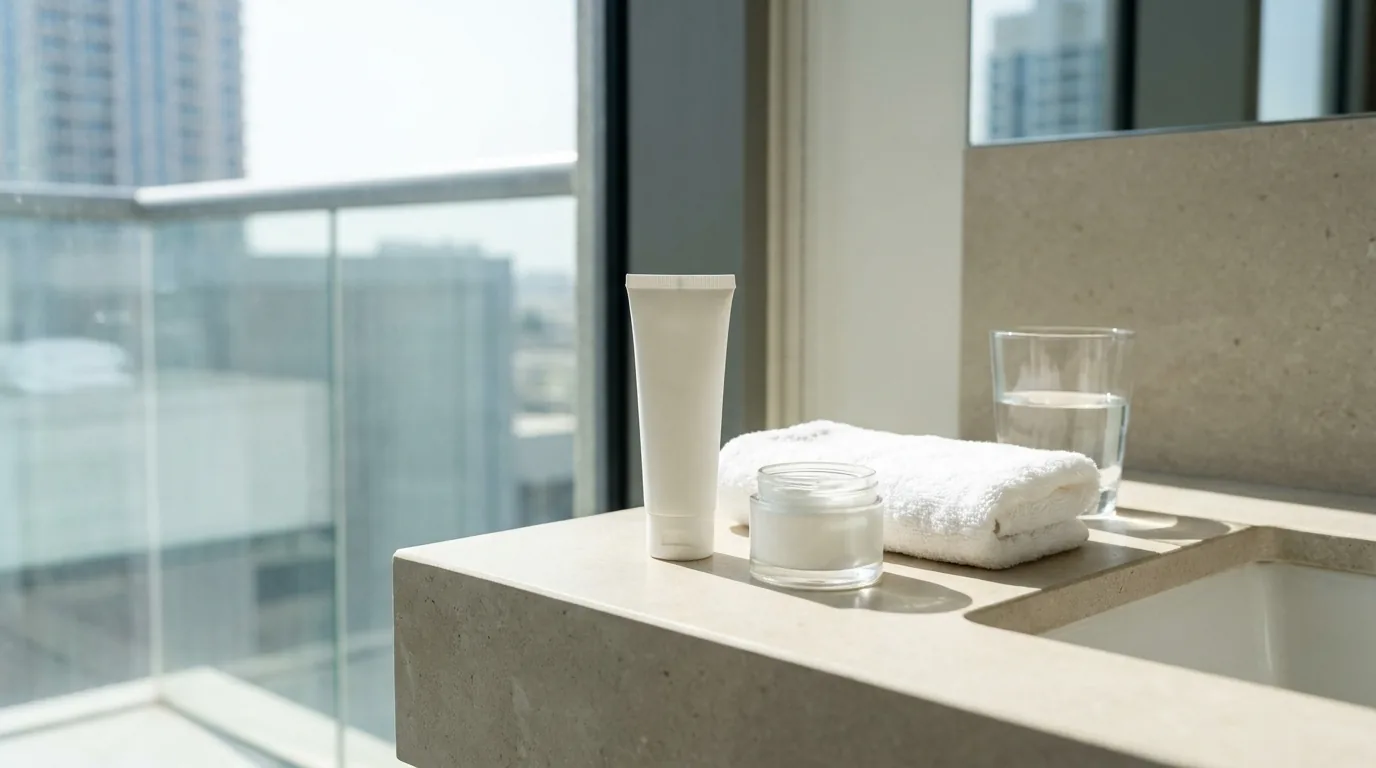 aftercare after a dermapen session: unlabelled mineral sunscreen, plain moisturiser and a folded towel on a Dubai bathroom counter