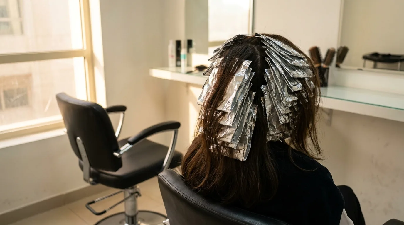 do highlights damage hair inline 1 rows of silver foil packets folded into sectioned dark hair during a full head of highlights at a Dubai salon
