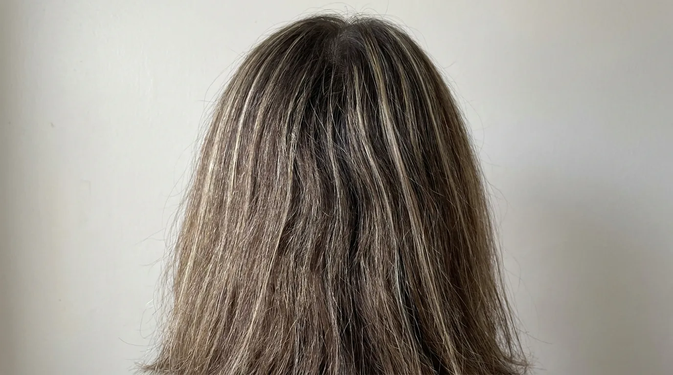 do highlights damage hair inline 2 blonde highlights growing out through a dark base with a visible regrowth band and dry porous mid lengths