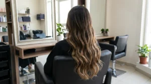 does balayage damage hair: client with hand-painted balayage mid-lengths seated at a Dubai salon mirror