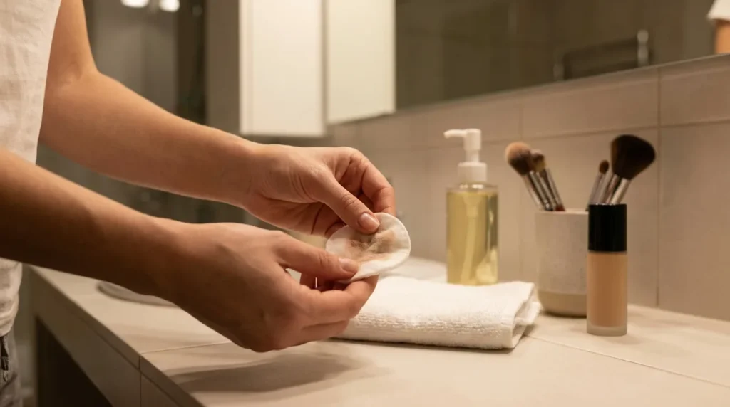 does makeup damage skin: bare hands lifting a used cotton pad with foundation residue from a bathroom vanity beside cleanser and brushes