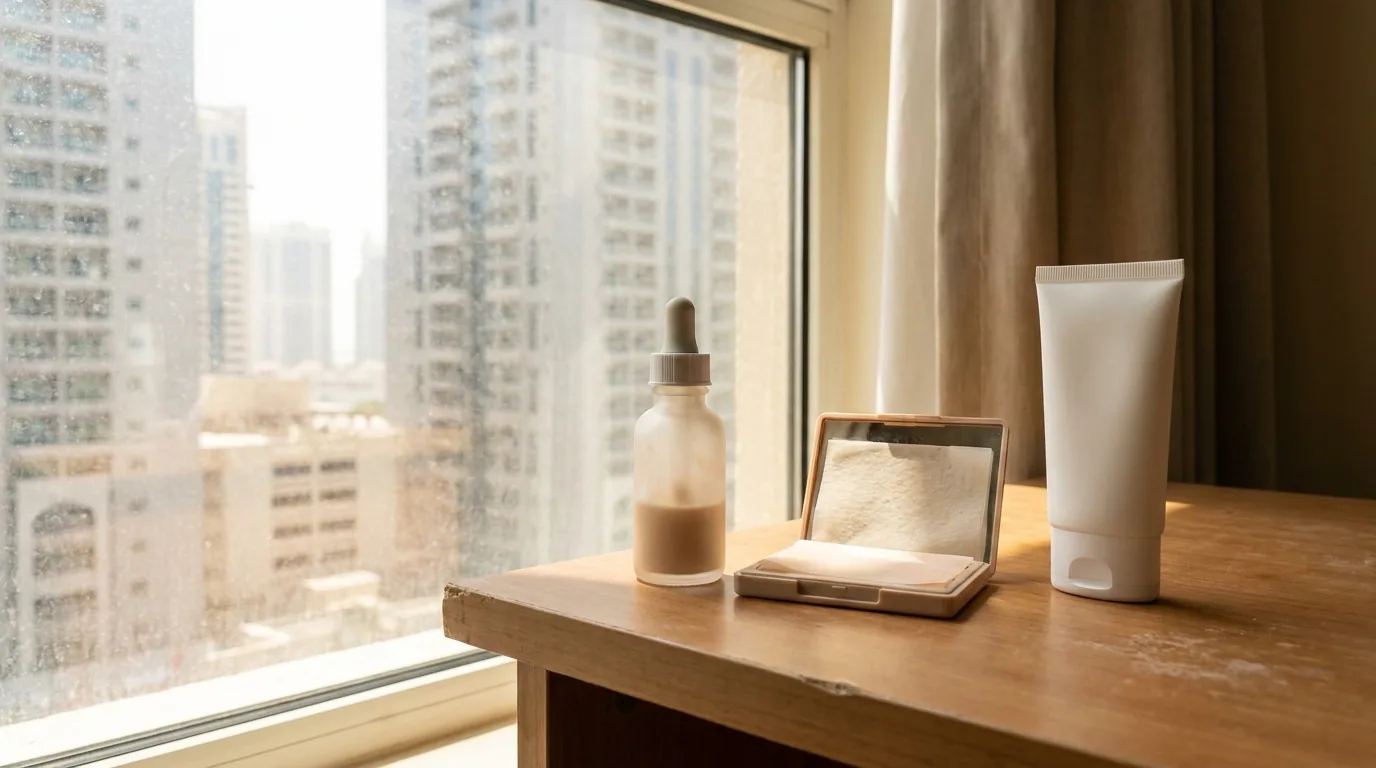 does makeup damage skin inline 1 lightweight tinted base, blotting papers and sunscreen on a table by a Dubai window, the kit for wearing makeup every day in Gulf heat