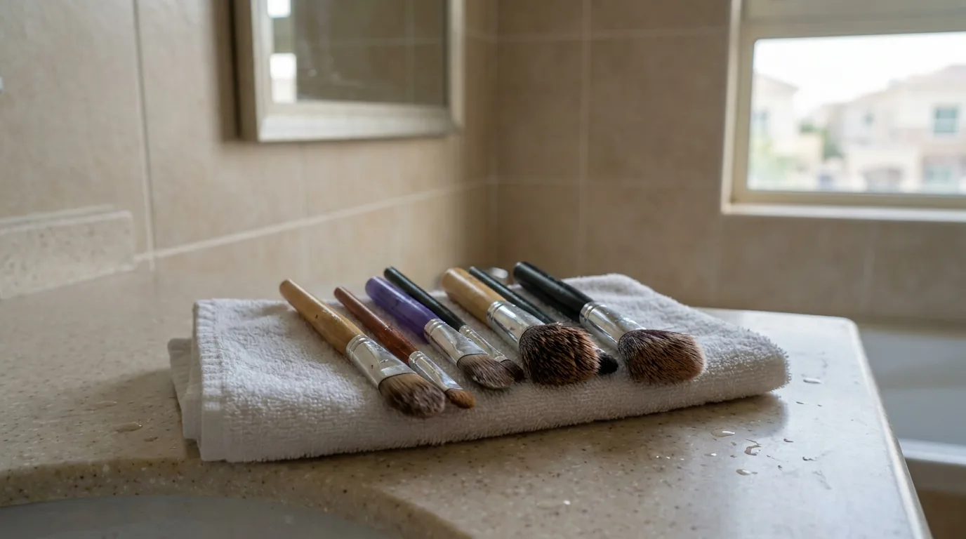 does makeup damage skin inline 2 freshly washed makeup brushes drying bristle down on a towel, the fix for the dirty applicator habit behind acne cosmetica