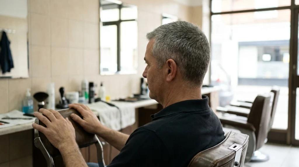 grey hair men: seated client with a short salt and pepper cut in a Dubai barber shop chair