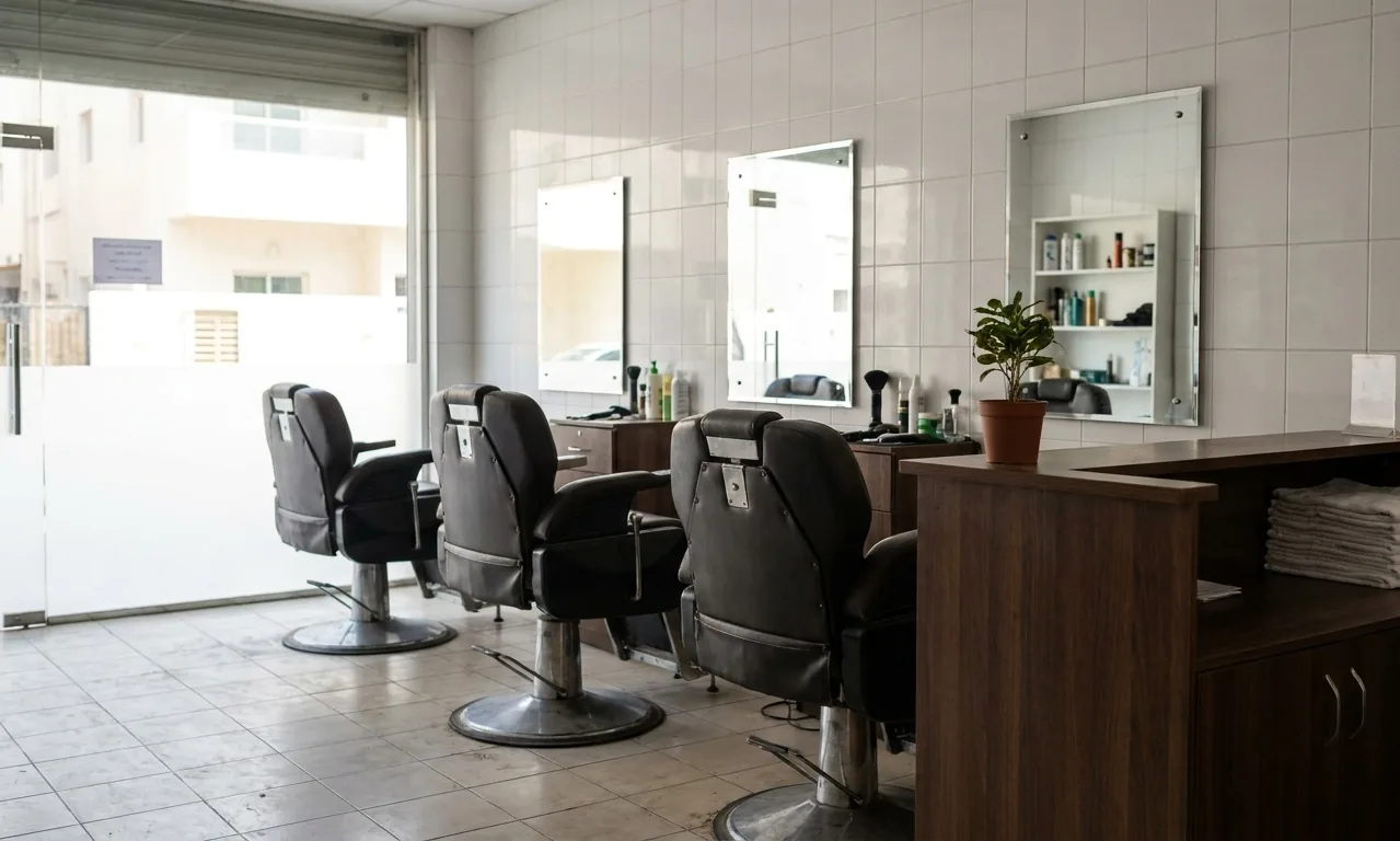 grey hair men options in Dubai: interior of a neighbourhood barber shop with three chairs and mirrors