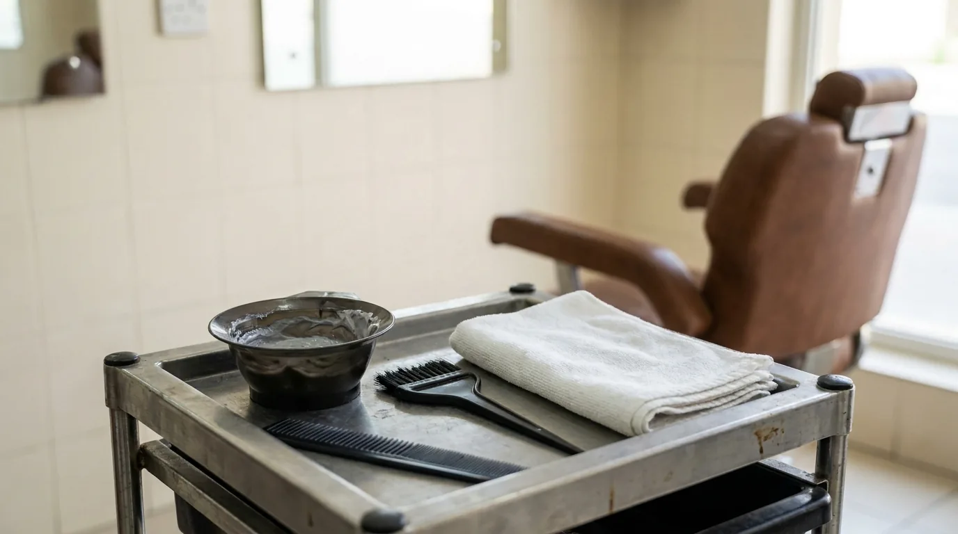 grey blending men book in Dubai: tint bowl, brush, comb and towel set out on a barber trolley