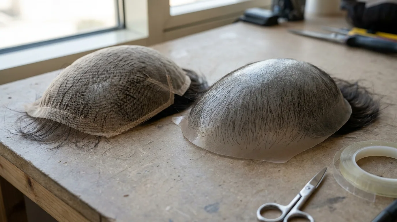 lace and thin skin hair system bases laid side by side on a studio counter in dubai
