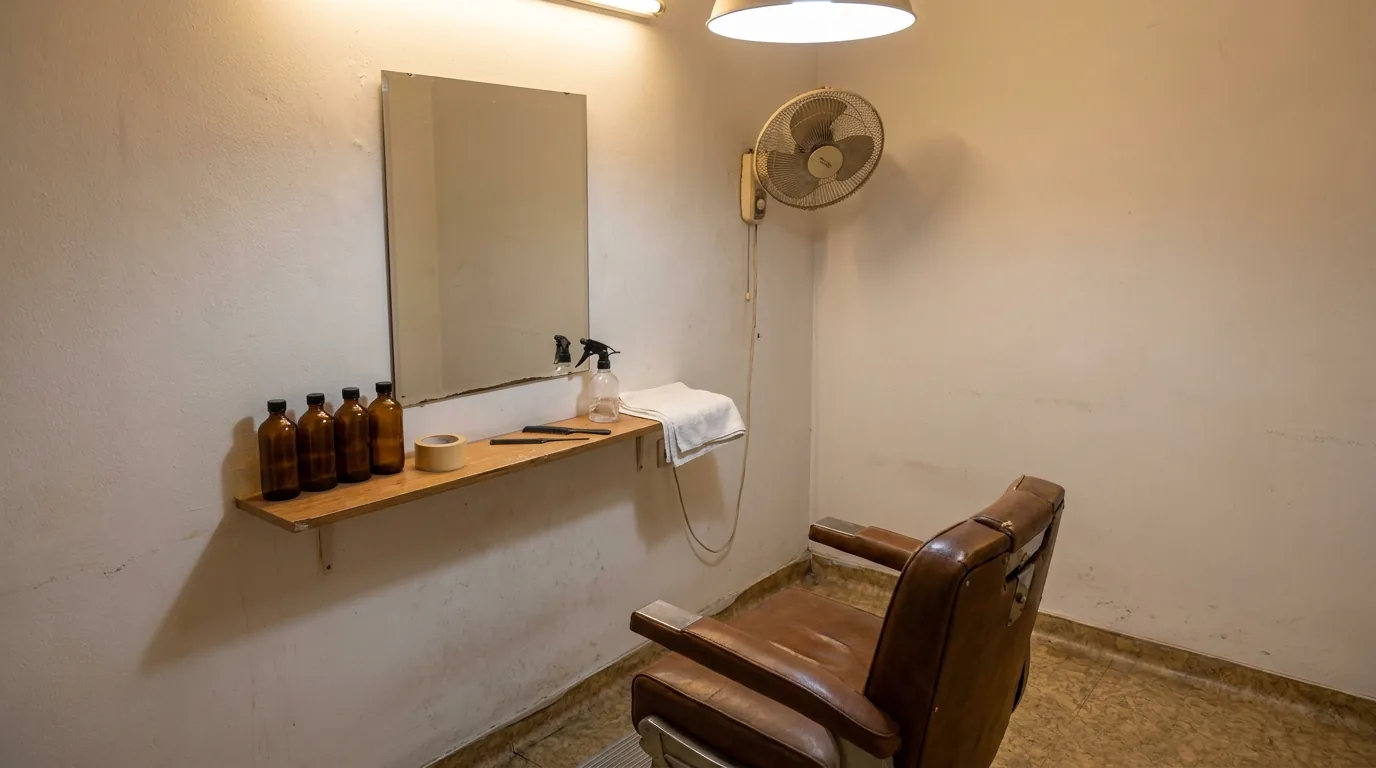 fitting station at a modest hair replacement studio in older dubai with adhesive tape and solvent on the shelf