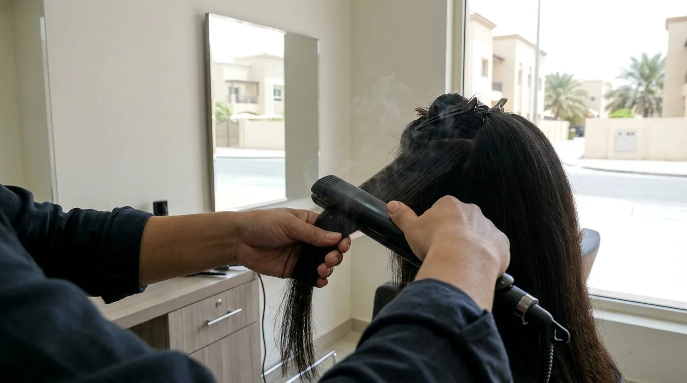 hair smoothening price in uae inline 1 hair smoothening price in uae comparison: stylist applying smoothing treatment to sectioned hair at a mid-range Dubai salon