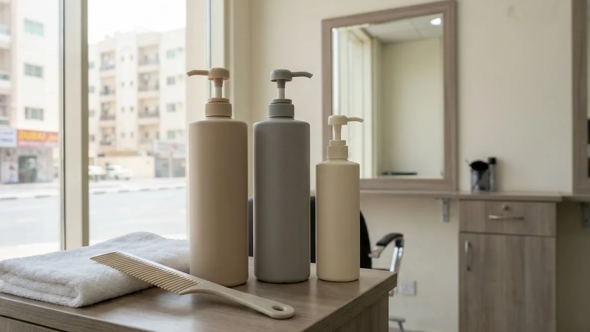 hair smoothening price in uae inline 2 sulfate-free aftercare shampoo and conditioner set on a Dubai salon counter after a keratin smoothening treatment