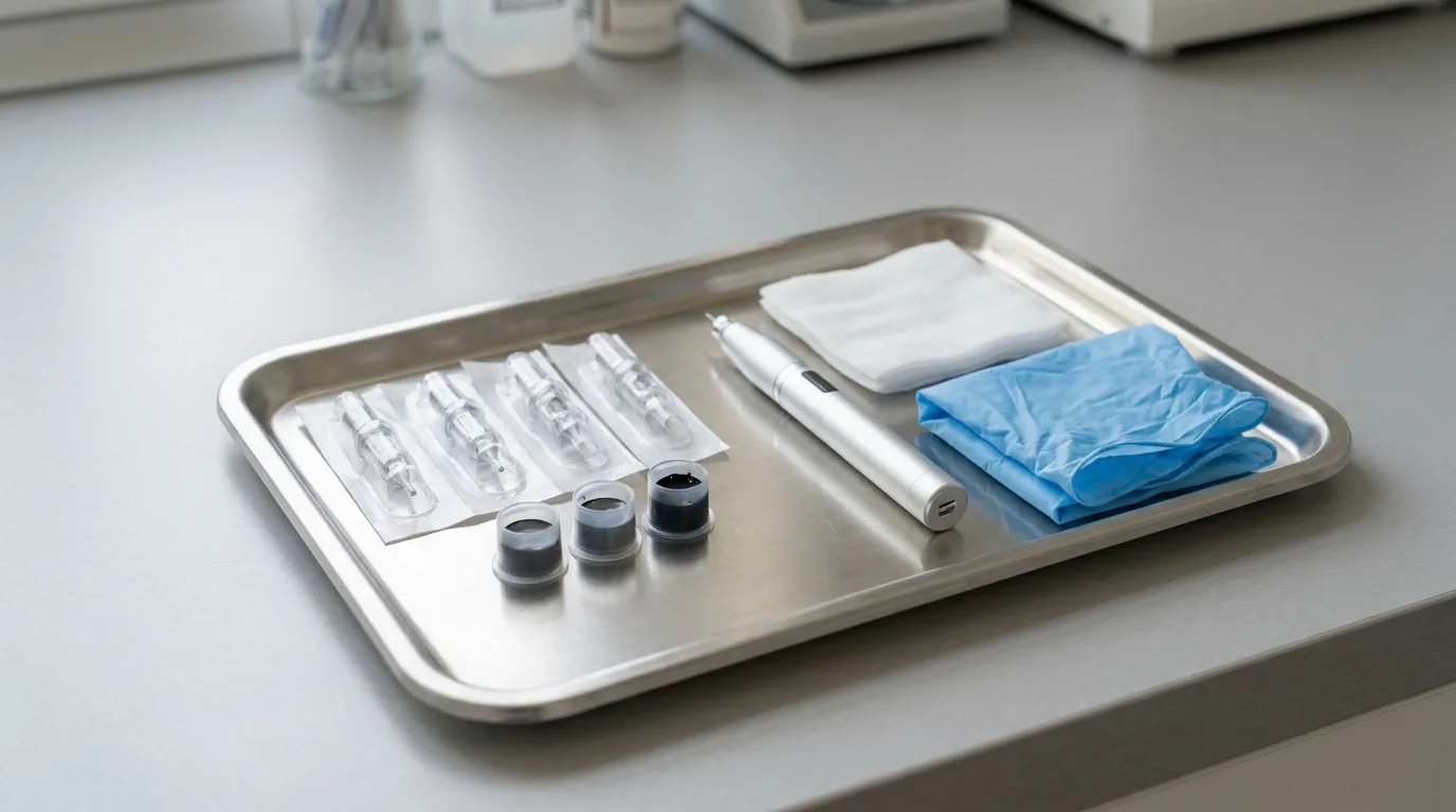 hair tattoo dubai inline 1 scalp micropigmentation equipment on a steel tray with single-use needle cartridges, three pigment shades and a digital pen