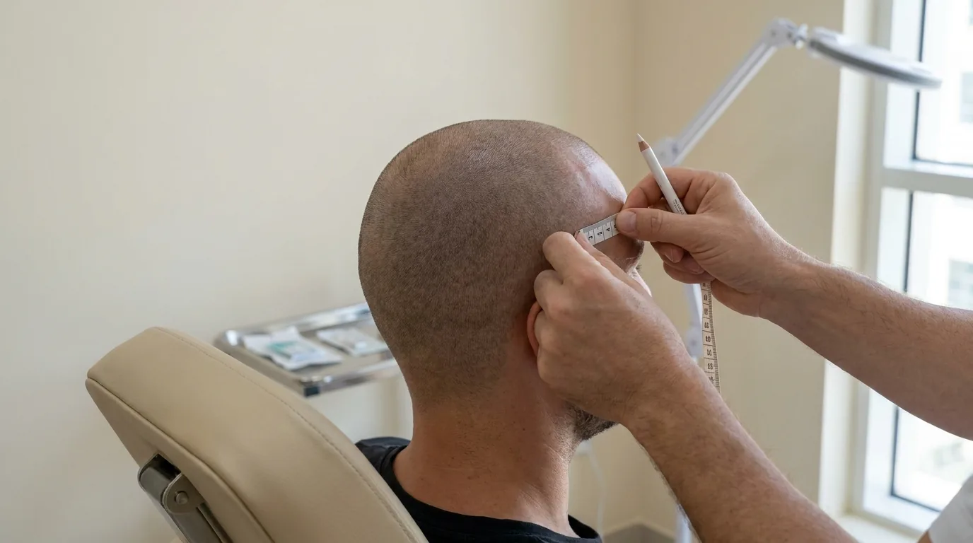 hair tattoo dubai inline 2 smp in dubai consultation with a practitioner measuring the hairline before the first pigment session