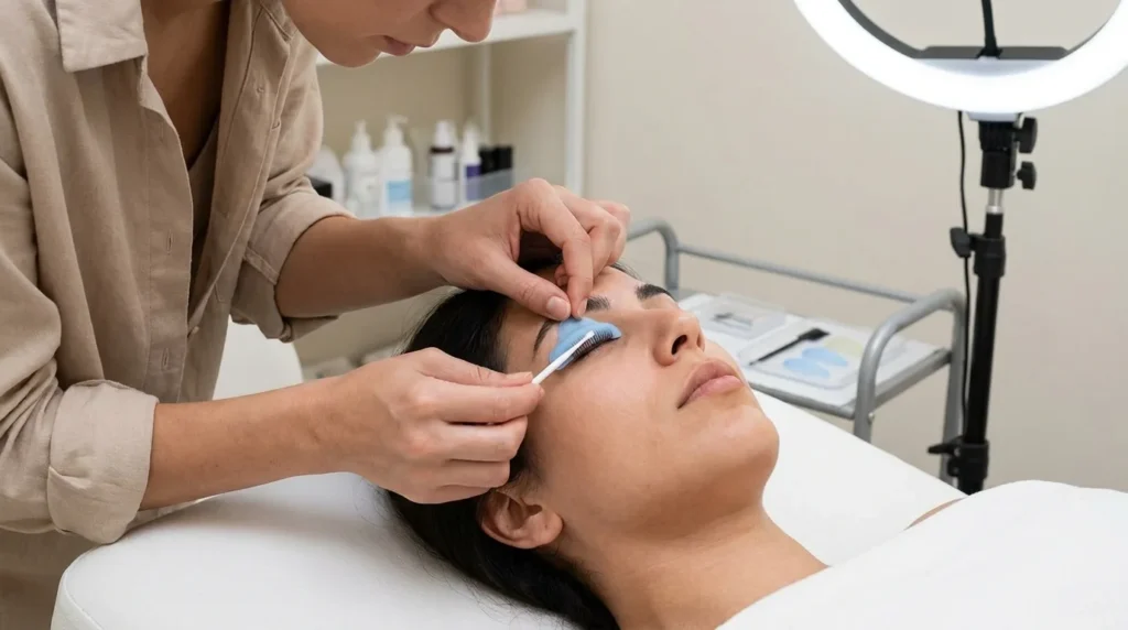 how long does a lash lift last: technician placing a blue silicone shield and combing lashes upward in a Dubai lash studio