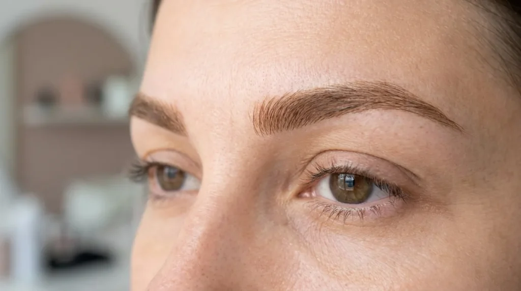 how long does microblading eyebrows last: close crop of healed hair-stroke brows on a client at a Dubai brow studio