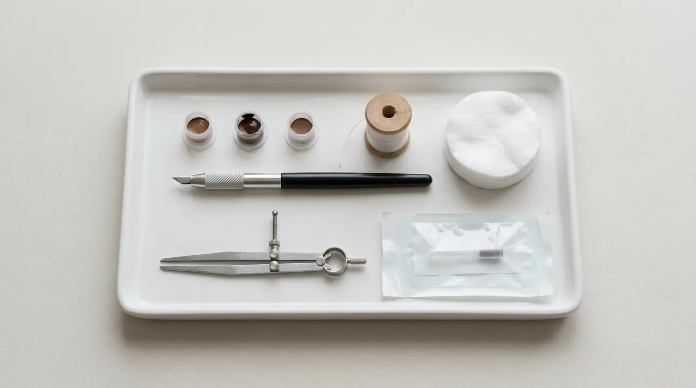 how long does microblading eyebrows last inline 1 microblading hand tool, pigment caps, brow mapping thread and calipers laid out on a clean studio tray