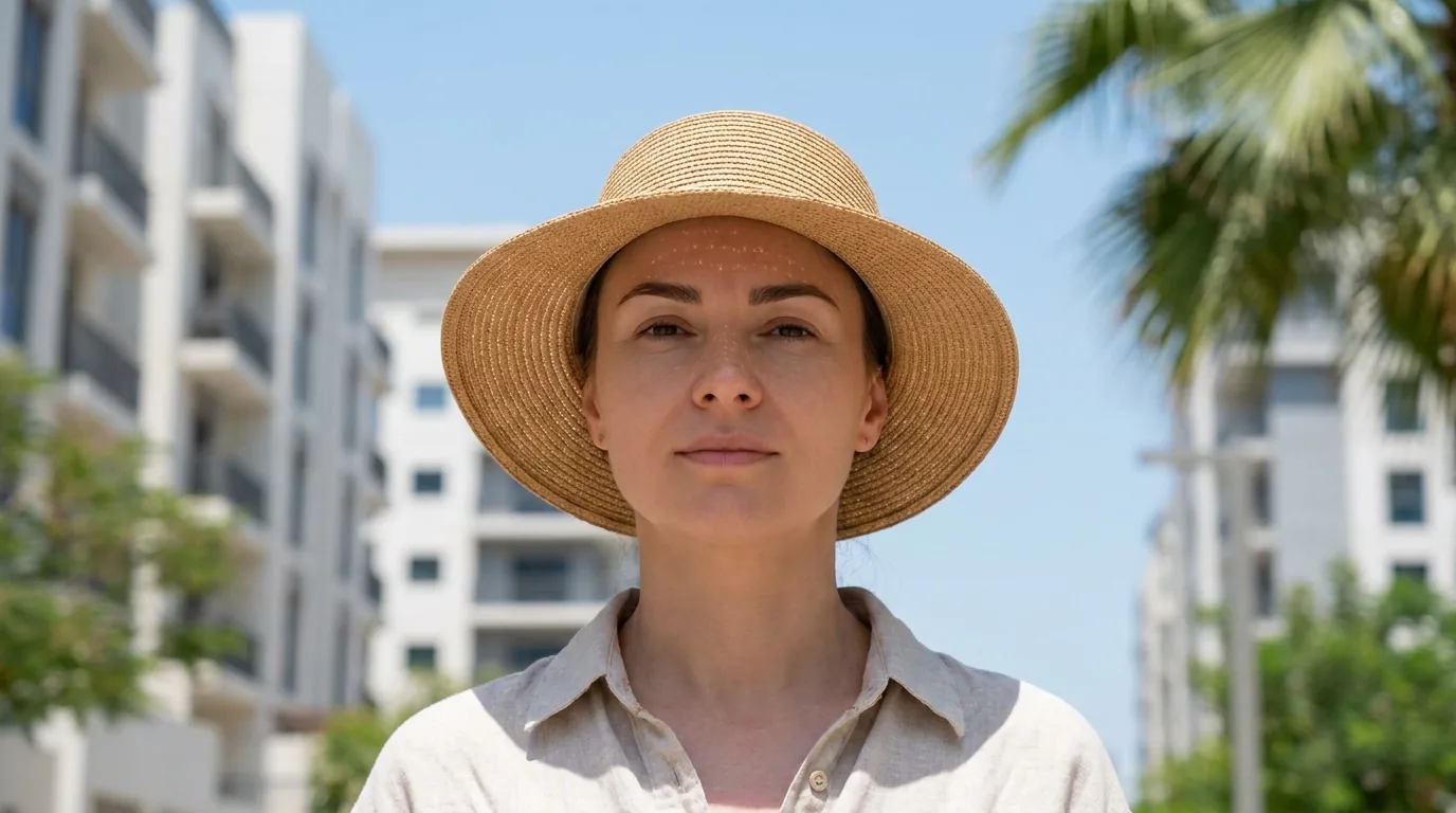 how long does microblading eyebrows last inline 2 woman in a wide-brim sun hat in Dubai daylight with her eyebrows shaded by the brim