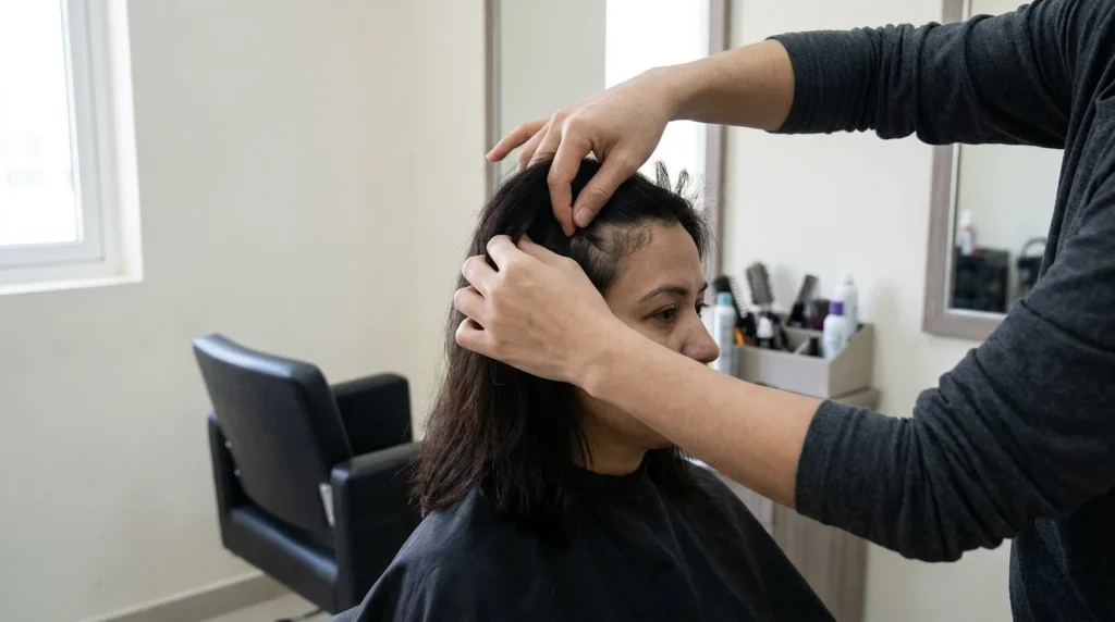 how long does postpartum hair loss last: stylist lifting a section of hair at the temple to show short postpartum regrowth in a Dubai salon