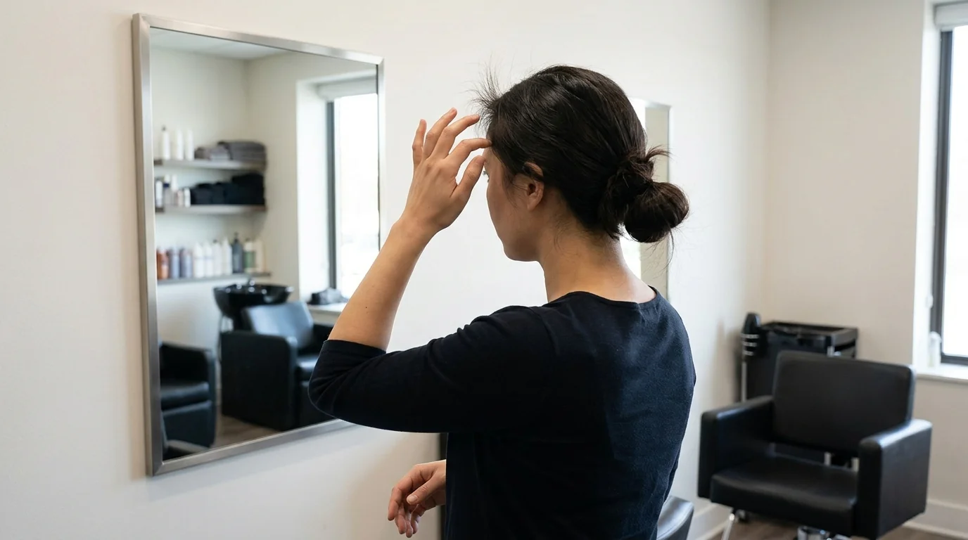 new mother checking regrowth at her hairline in a Dubai salon mirror during postpartum shedding