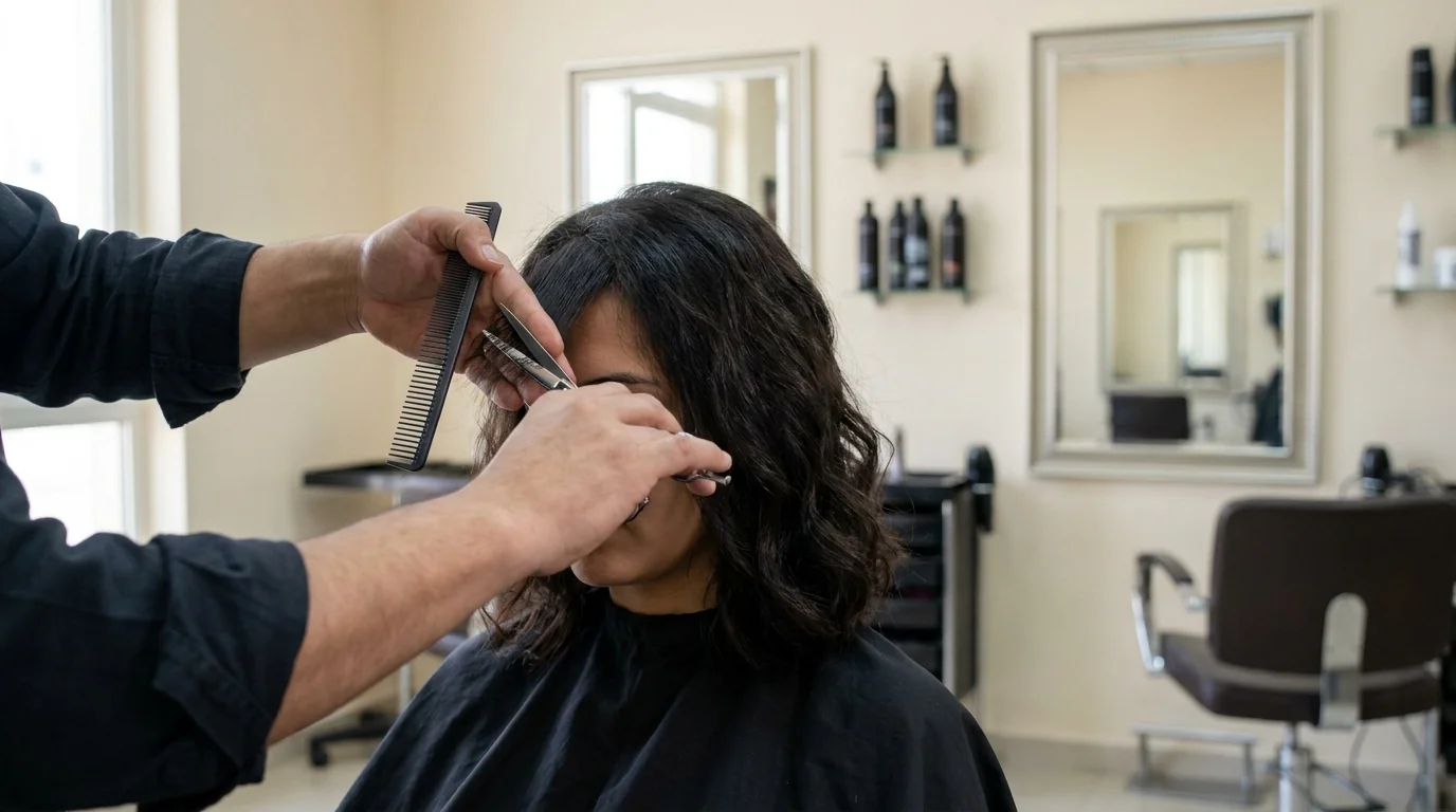 stylist cutting face-framing layers to blend postpartum regrowth into longer hair