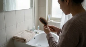 how much hair fall is normal: woman at a bathroom basin examining loose strands caught in her hairbrush bristles