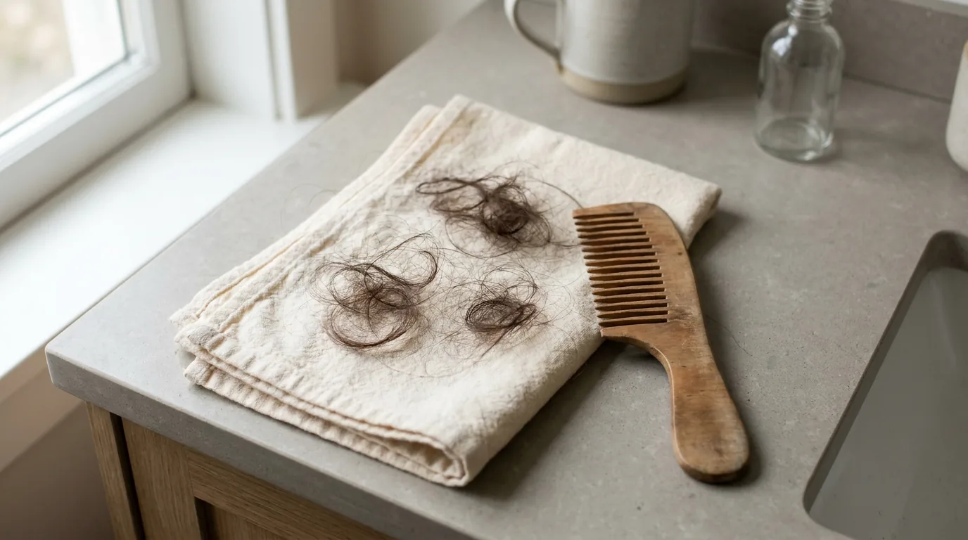 how much hair fall is normal inline 1 shed hair strands grouped on a pale towel beside a wooden comb ready for a normal hair loss per day count